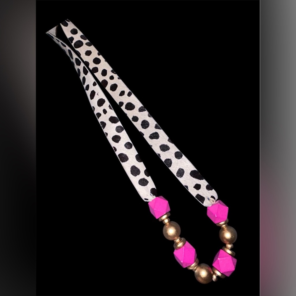Discontinued Carolina Strung hot pink & gold beads on cow print long necklace
